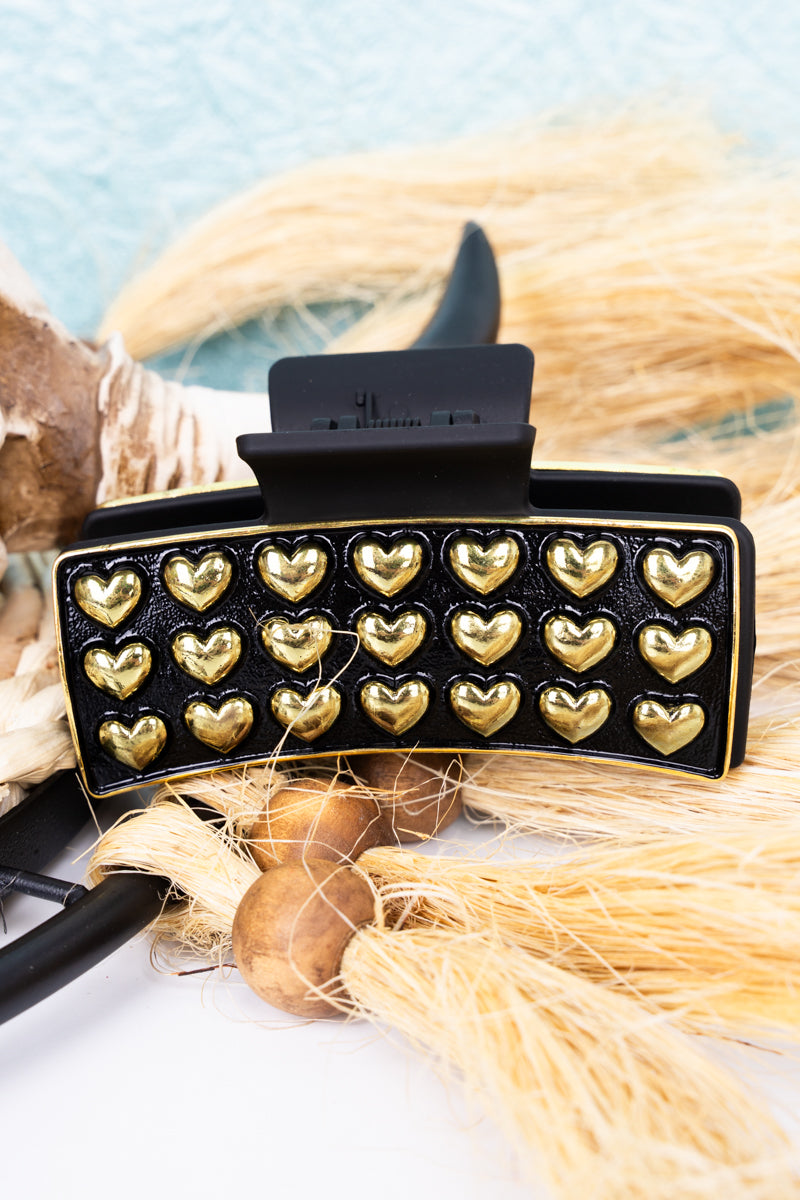 Goldtone Parker Puff Heart Black Hair Claw